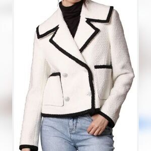 Avec Les Filles Black and White Blazer Tweed Double Breasted Tipped Jacket. M